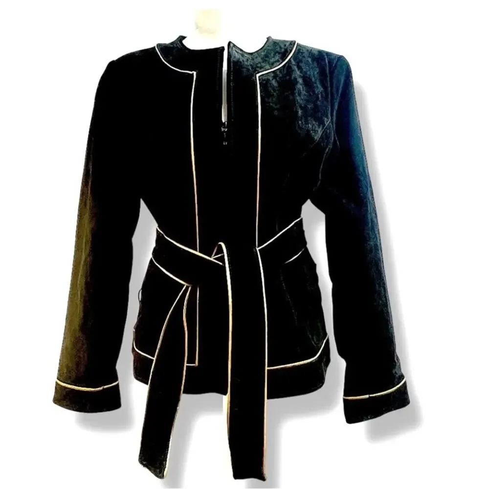 YVONNE MARIE VTG Black Suede Leather & Metallic Gold Trim Blazer/or Jacket SZ 10